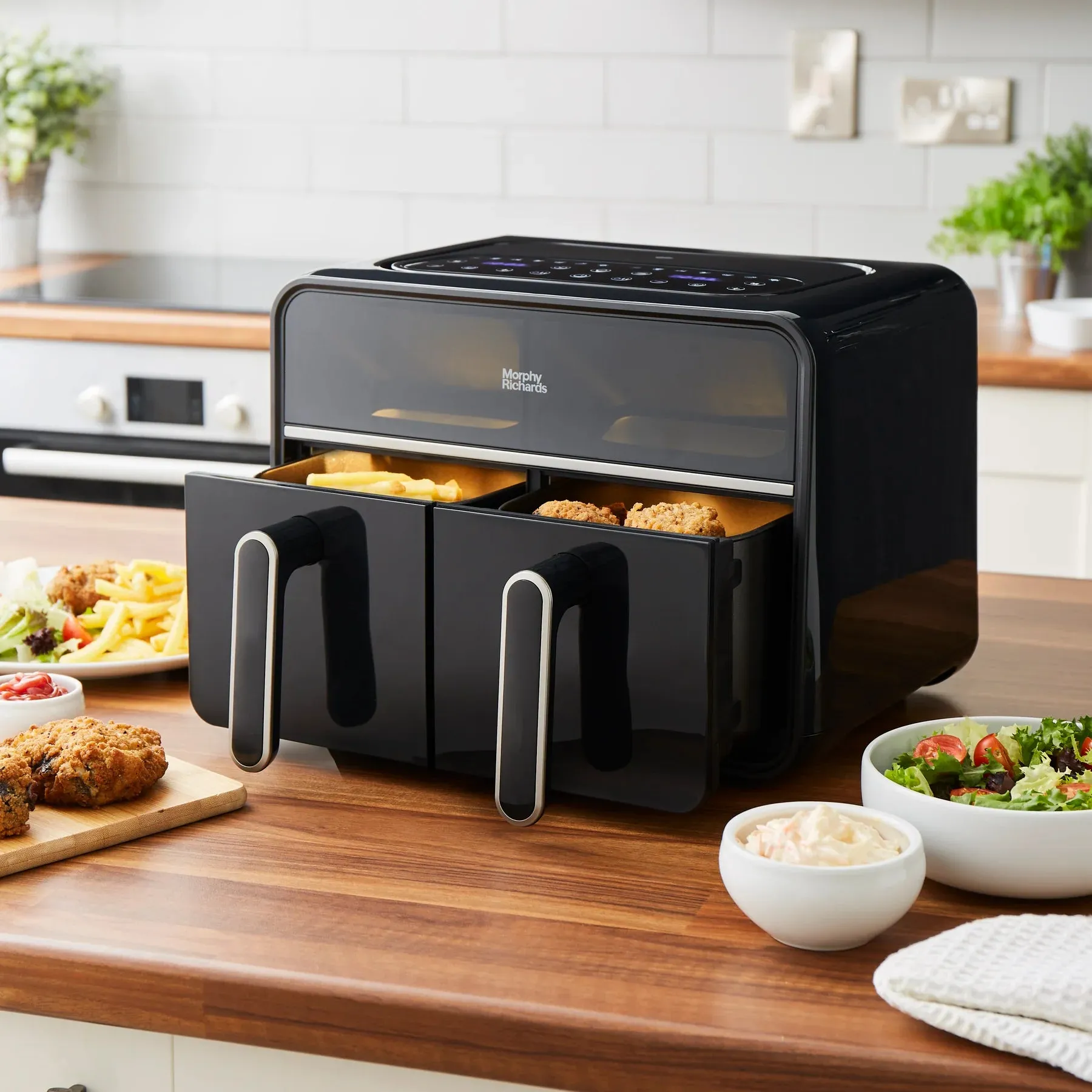 Motive Brushed Steel Kettle, Toaster & Digital Dual Basket 7.2 Litre Air fryer Bundle