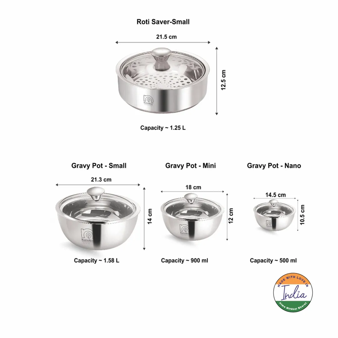 NanoNine Stainless Steel Meal Serve Gift Set No.3 (Roti Saver Small   Gravy Pot Nano, Mini, Small)