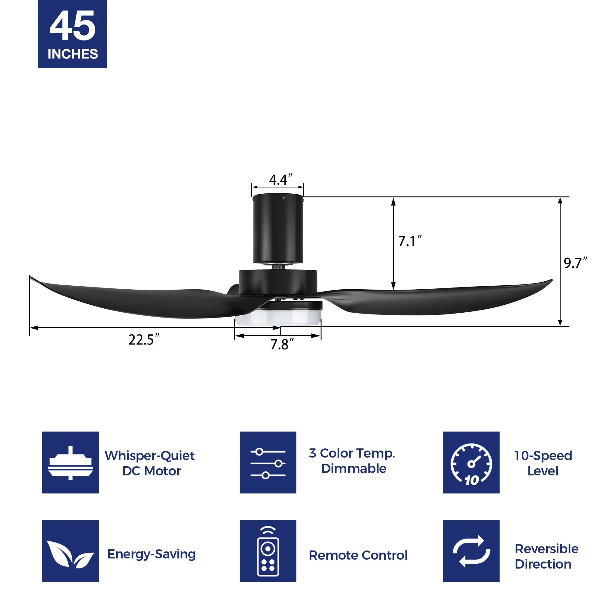 Nefyn Flush Mount Ceiling Fan with Led lihgt and Remote 45 inch