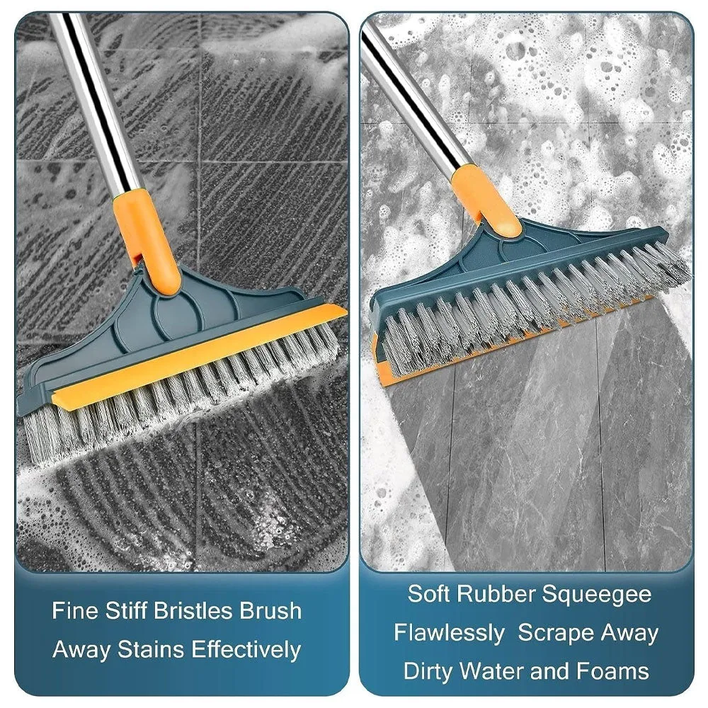 (Net) 2 in 1 Cleaning Floor Scrub Brush Floor Brush Scrubber with Long Handle Grout Brush Scrape V-Shape Stiff Bristles Cleaning Brush with Squeegee 120° Rotating Tile Brush for Bathroom Kitchen