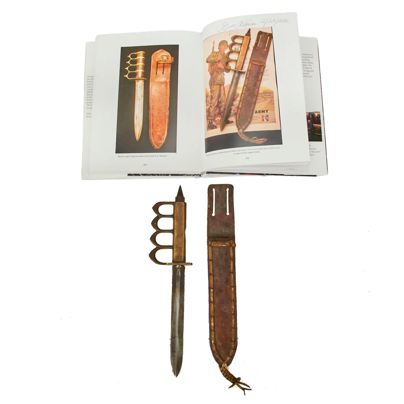 Original U.S. WWII Custom Knuckle Duster Fighting Knife As Seen in Book Signed By Author - Page 306