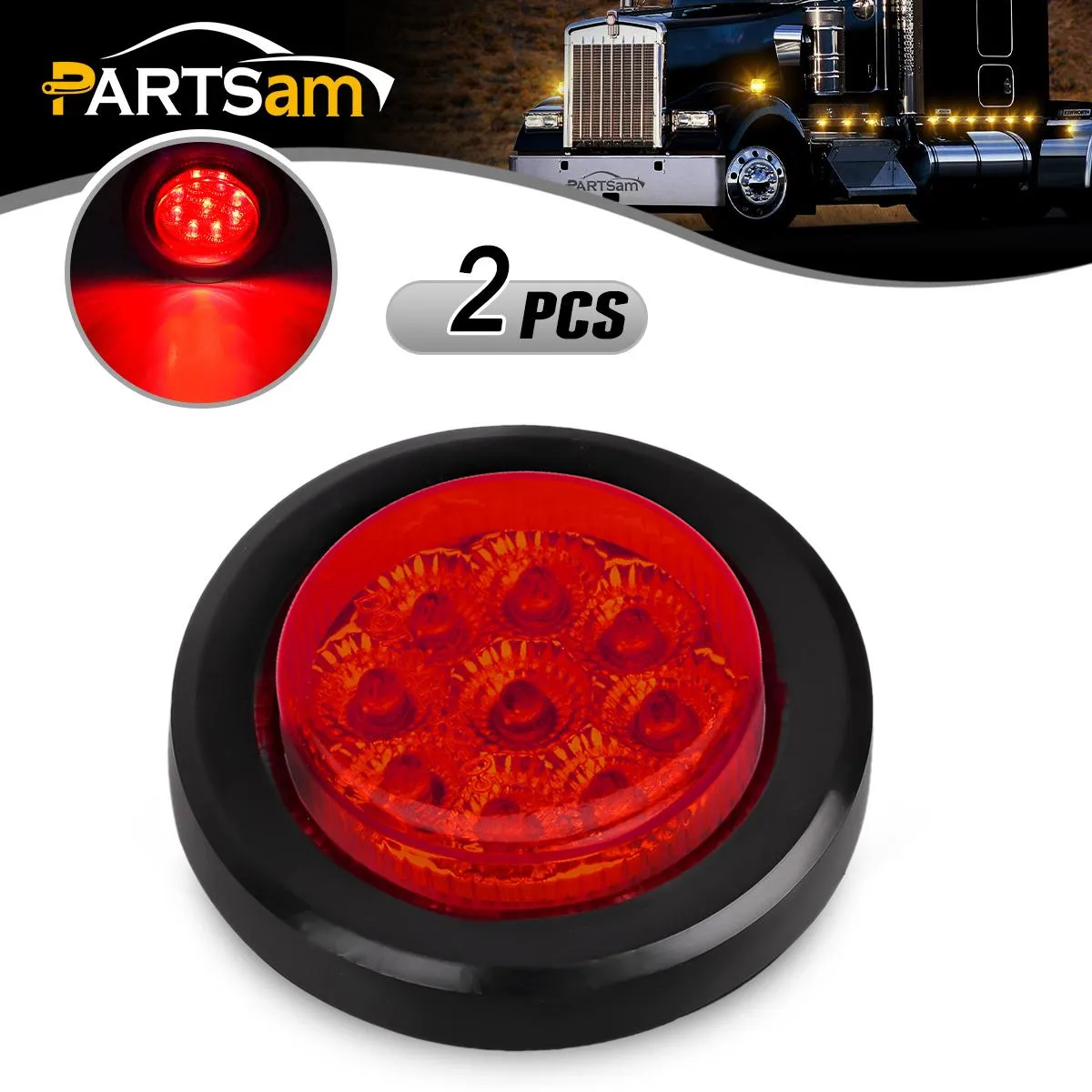 Partsam 2Pcs 2 Inch Round Trailer Led Clearance Side Marker Lights Red 9 Diodes with Reflectors Waterproof Sealed 2 Inch round led marker lights Fender Cab Panel Lights Grommets and Pigtails Included