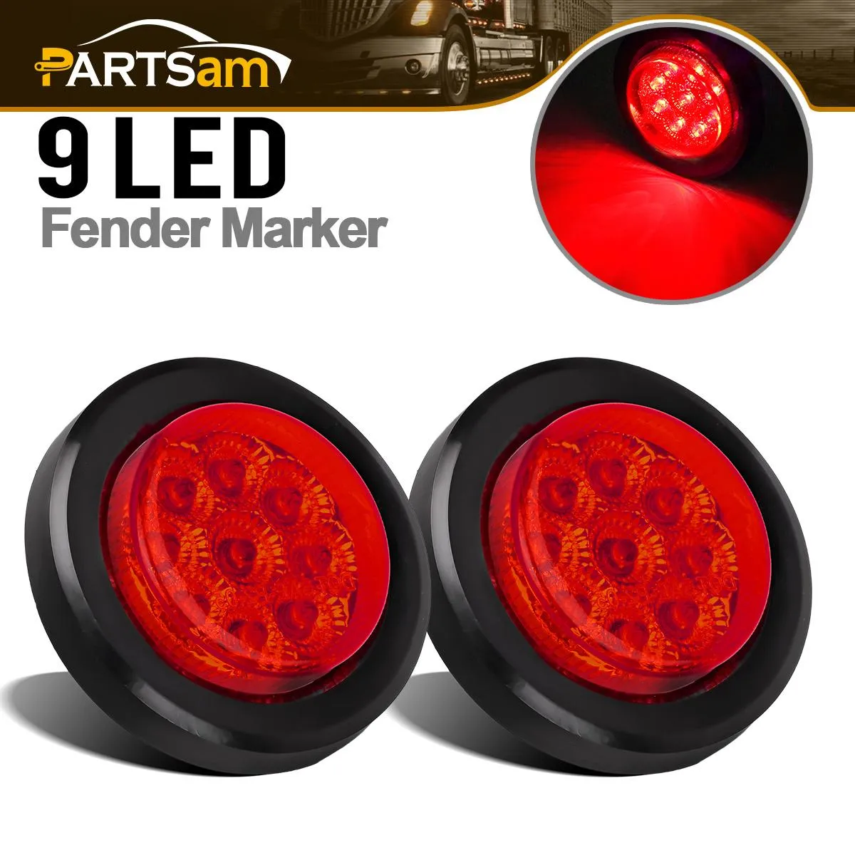 Partsam 2Pcs 2 Inch Round Trailer Led Clearance Side Marker Lights Red 9 Diodes with Reflectors Waterproof Sealed 2 Inch round led marker lights Fender Cab Panel Lights Grommets and Pigtails Included