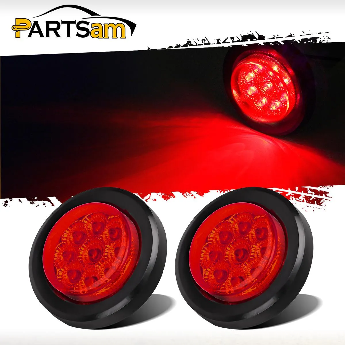 Partsam 2Pcs 2 Inch Round Trailer Led Clearance Side Marker Lights Red 9 Diodes with Reflectors Waterproof Sealed 2 Inch round led marker lights Fender Cab Panel Lights Grommets and Pigtails Included