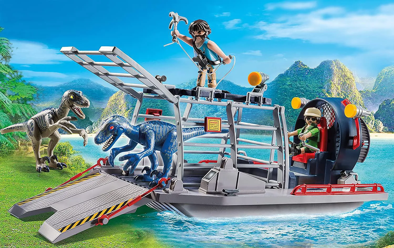 PLAYMOBIL Enemy Airboat with Raptor Building Set - Includes Two Figures, Two Dinosaurs, Removable Cage, Grappling Hook, Gas can