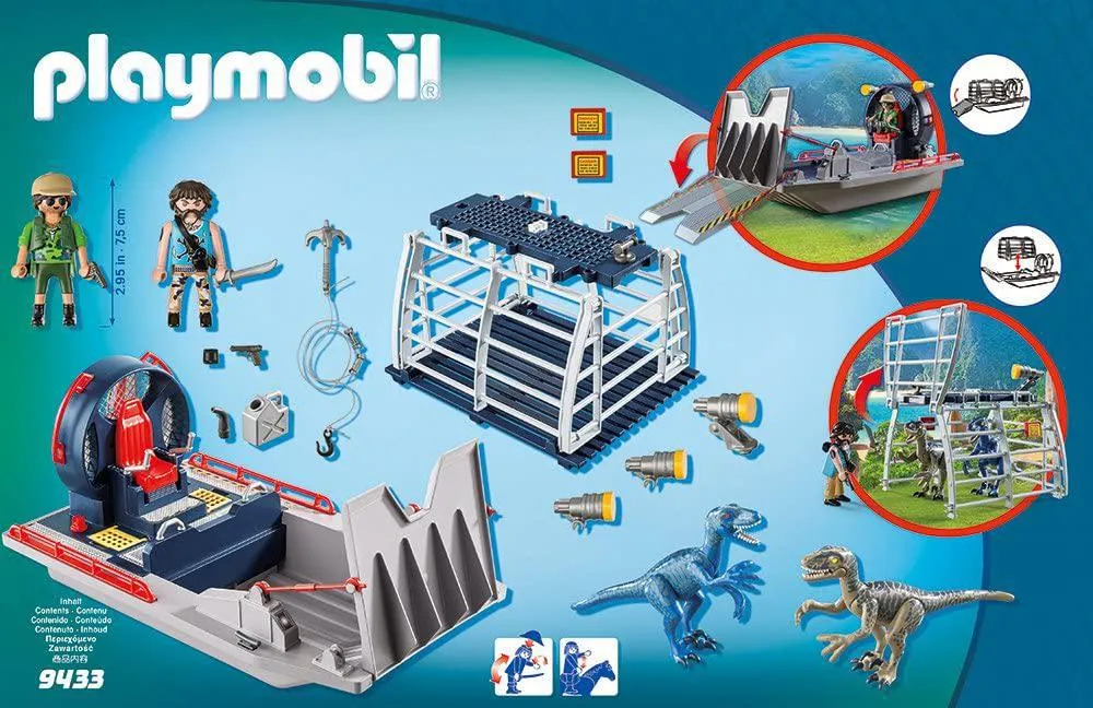 PLAYMOBIL Enemy Airboat with Raptor Building Set - Includes Two Figures, Two Dinosaurs, Removable Cage, Grappling Hook, Gas can