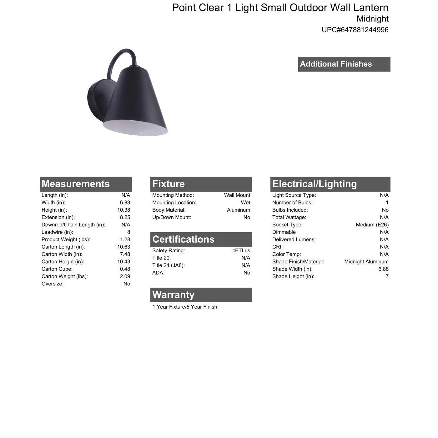 Point Clear 1 Light Small Outdoor Wall Lantern in Midnight