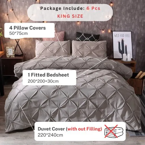 Premium King Size 6 Pieces Bedding Set Without Filler Pinch Pleat Design, Plain Grey color