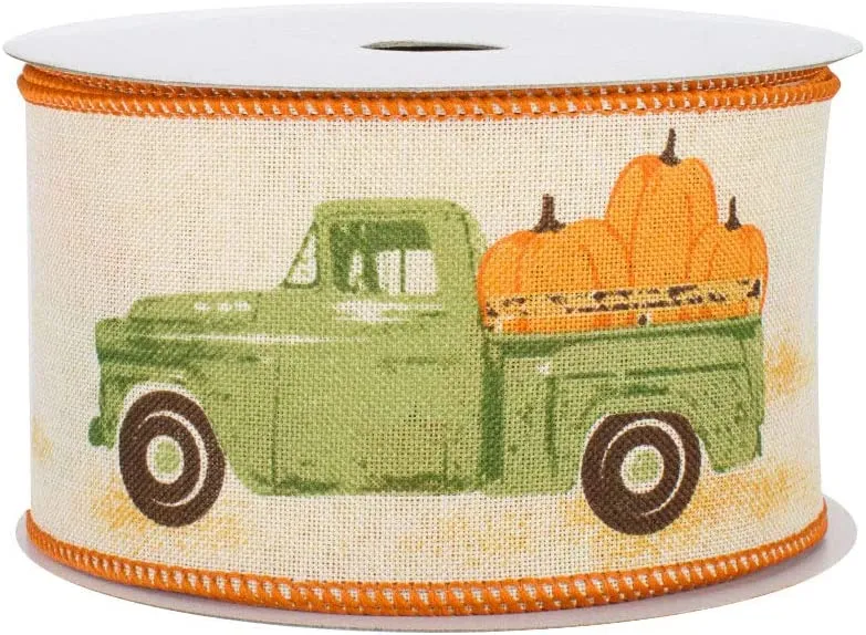 Pumpkin Pickup Truck Wired Ribbon - 2 1/2" x 10 Yards