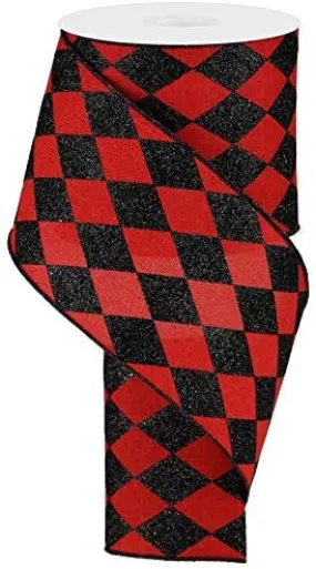 Red Black Diamonds Harlequin Ribbon - 4" x 10 Yards