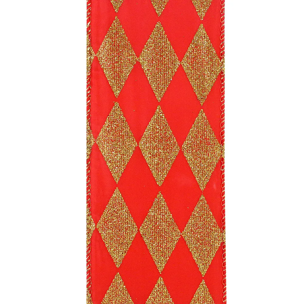 Red Gold Diamonds Wired Ribbon - 2 1/2" x 50 Yards