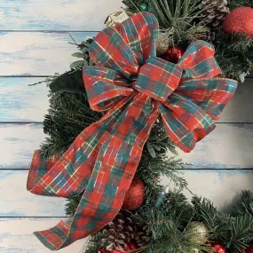 Red Gold Plaid Christmas Bow - 10" Wide, 18" Long