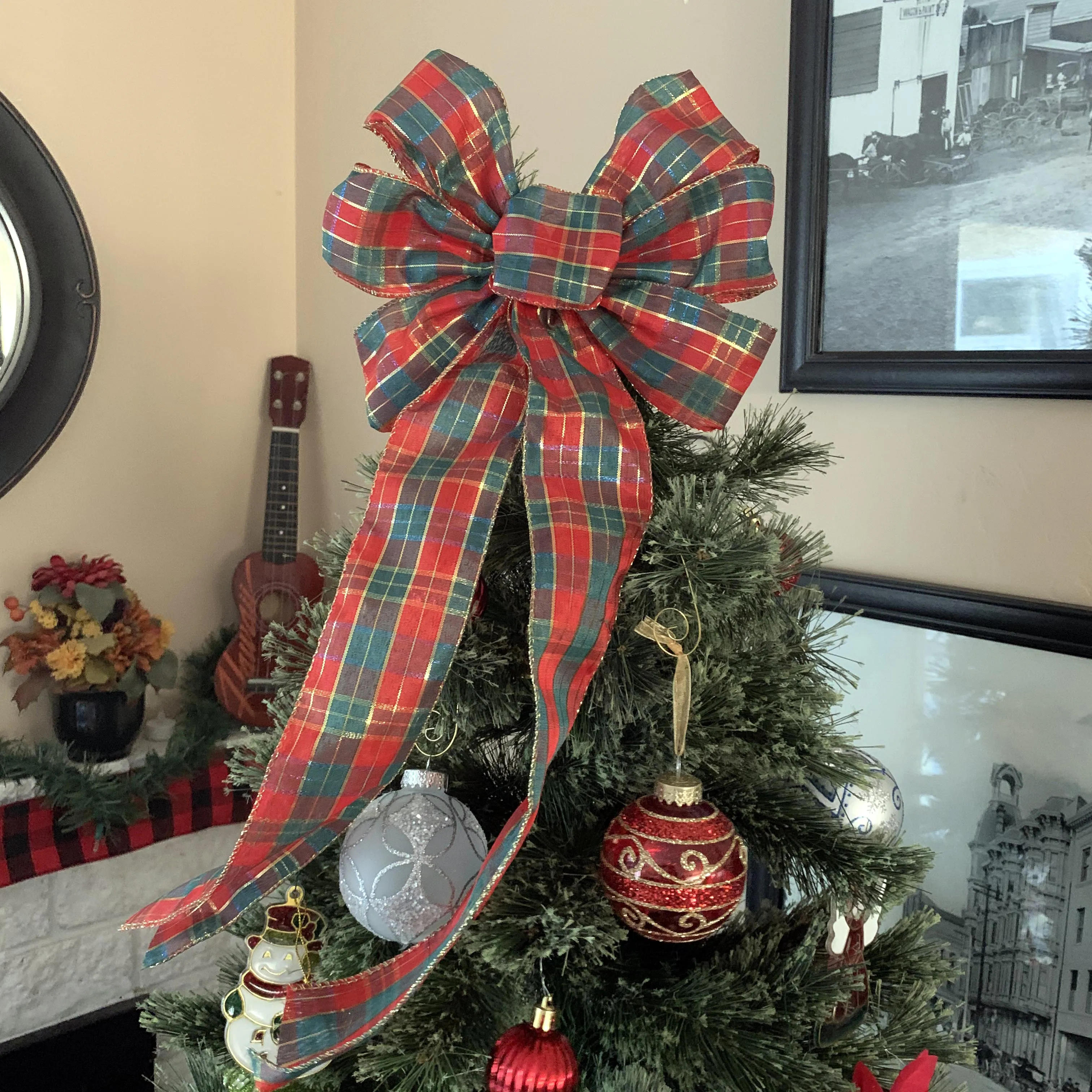 Red Gold Plaid Christmas Bow - 10" Wide, 18" Long