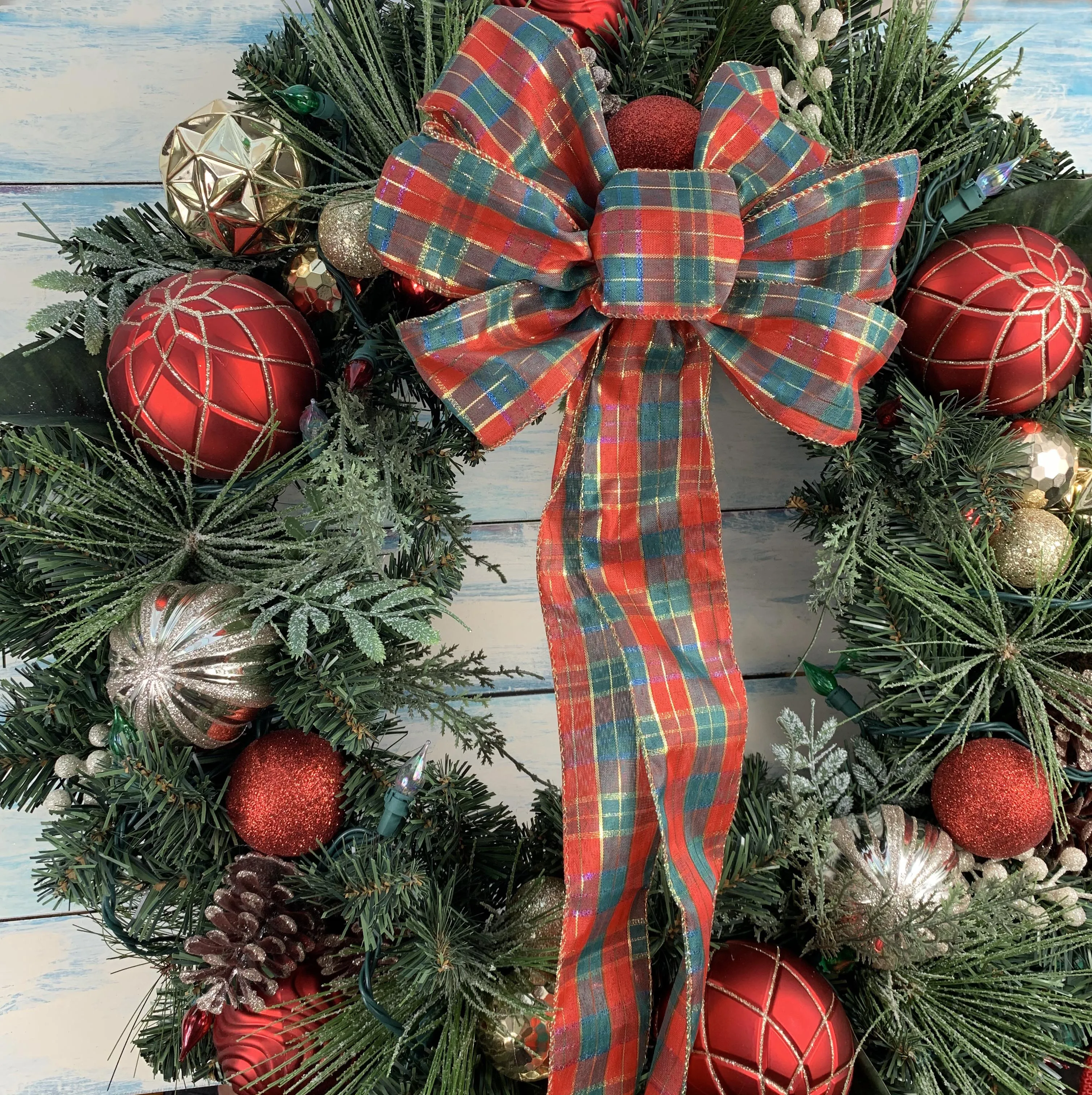 Red Gold Plaid Christmas Bow - 10" Wide, 18" Long