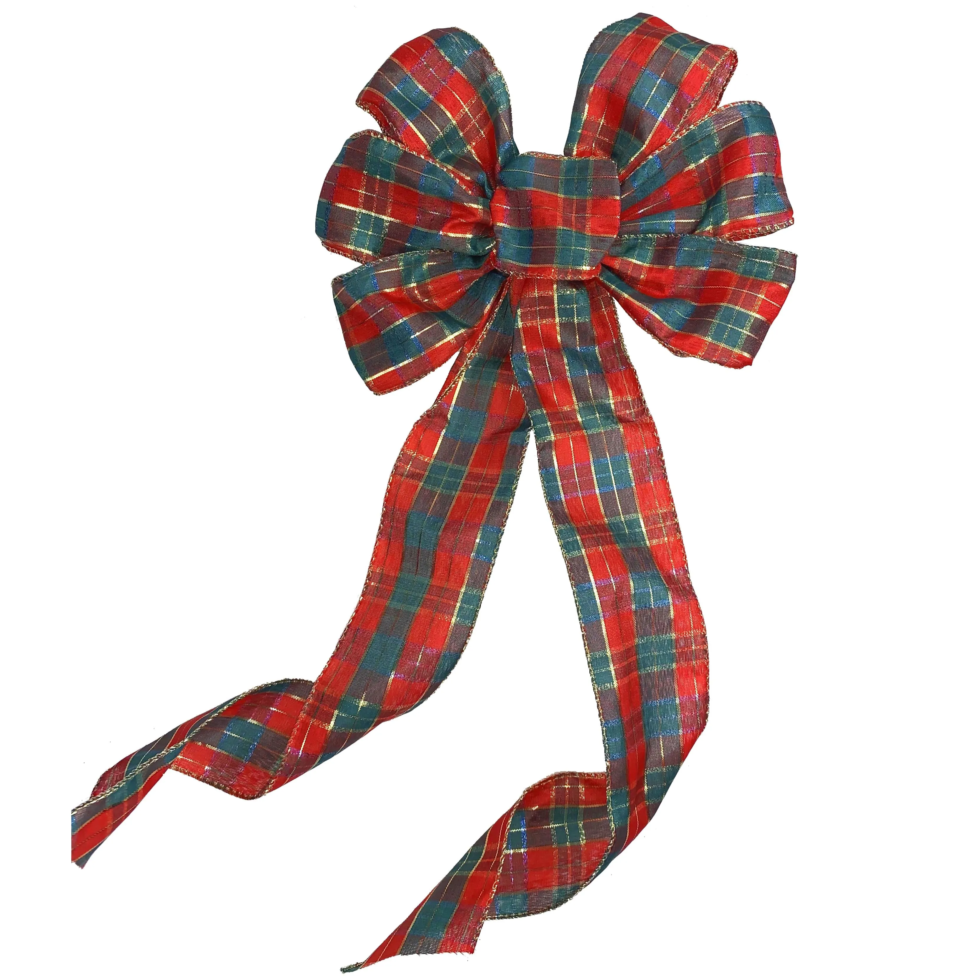 Red Gold Plaid Christmas Bow - 10" Wide, 18" Long