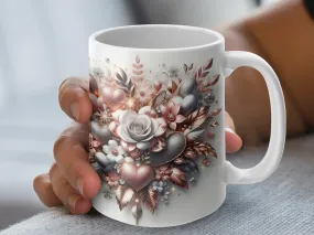 Rose gold Silver Hearts Flowers Coffee mug, Gift for her, Valentines day gift, Wife Gift anniversary Gift, Rose Gold Mug