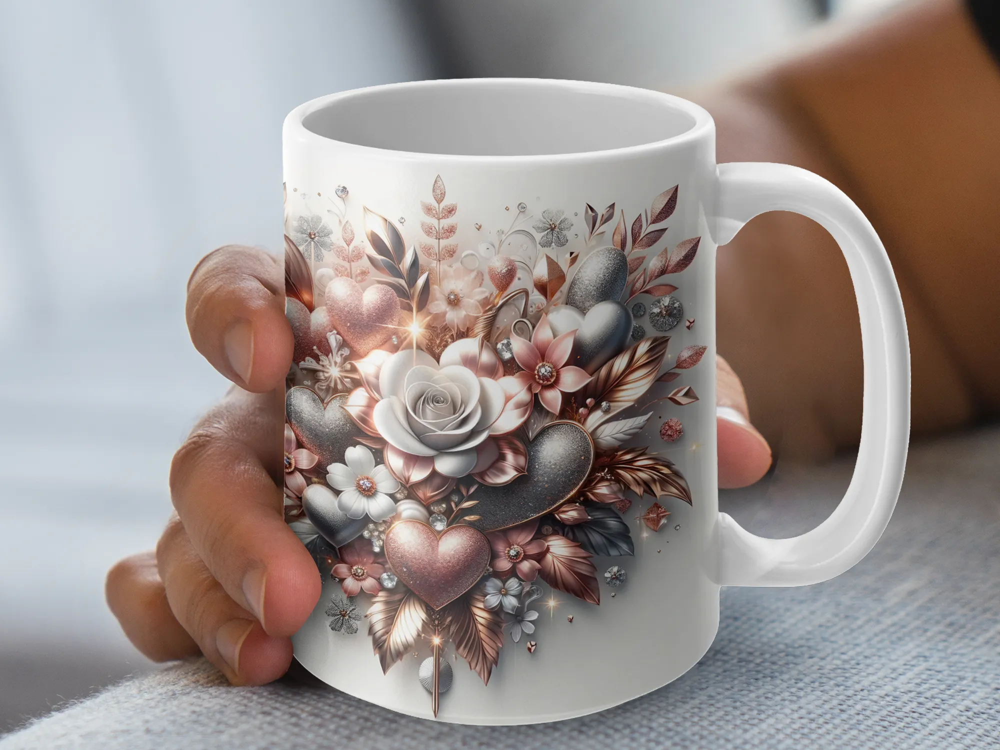 Rose gold Silver Hearts Flowers Coffee mug, Gift for her, Valentines day gift, Wife Gift anniversary Gift, Rose Gold Mug