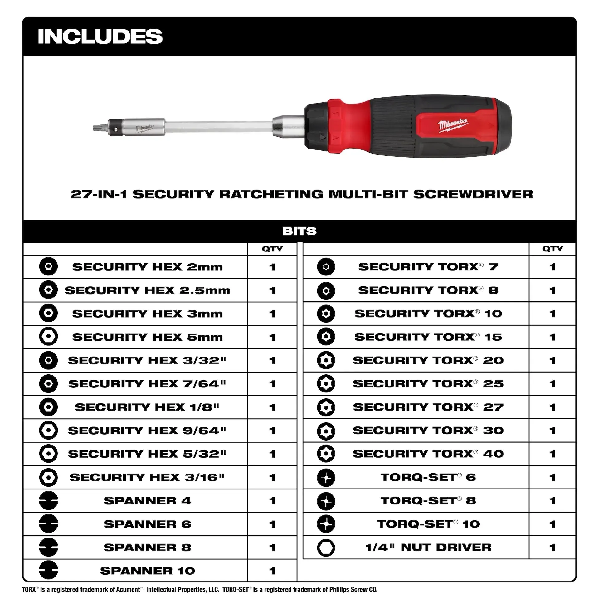 Screwdriver - Milwaukee 27-in-1 Ratcheting Security Multi-Bit Screwdriver, 48-22-2912