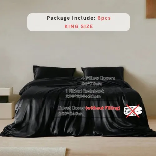 Silky Satin, King Size 6-Piece Bedding Set, Plain Black Color.