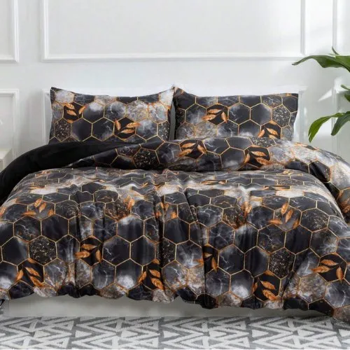 Single size 4 pieces,  Black with Gold Marble Design Duvet Cover set.