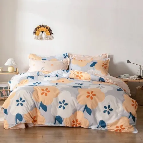 Single Size Bedding Set 4 Pieces Without Filler, Lavish Floral Print, Salmon Color Bedding Set.