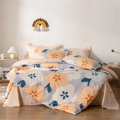 Single Size Bedding Set 4 Pieces Without Filler, Lavish Floral Print, Salmon Color Bedding Set.