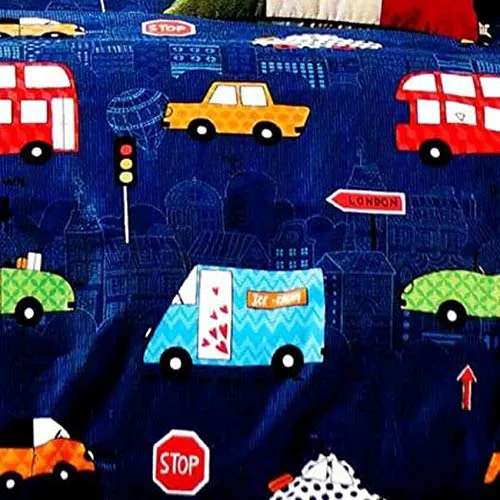 Sky Tex Superior Stitched 3D Printed Glace Cotton Buses & Cars Printed 160 TC Queen Size Double Bed Sheet with 2 Pillow Covers