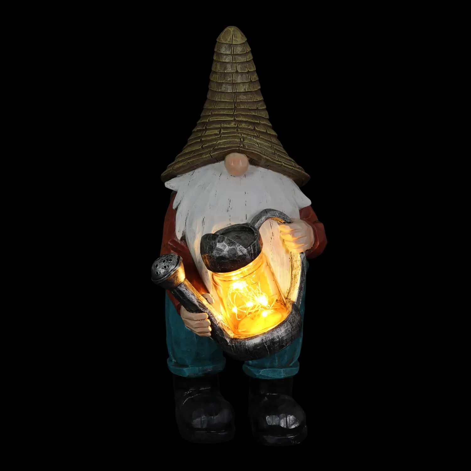 Solar Garden Gnome with LED Firefly Watering Can Statuary, 5 by 12.5 Inch