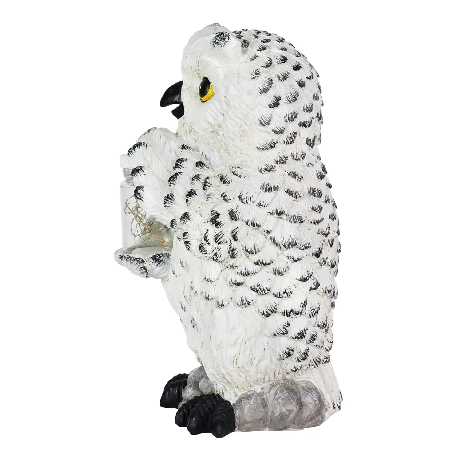 Solar Snow Owl Garden Statuary with LED Firefly Jar, 10 Inches tall