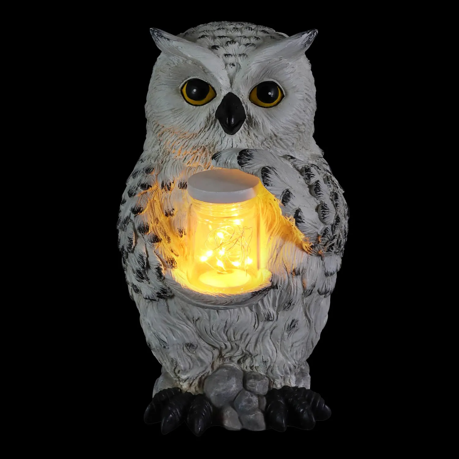 Solar Snow Owl Garden Statuary with LED Firefly Jar, 10 Inches tall