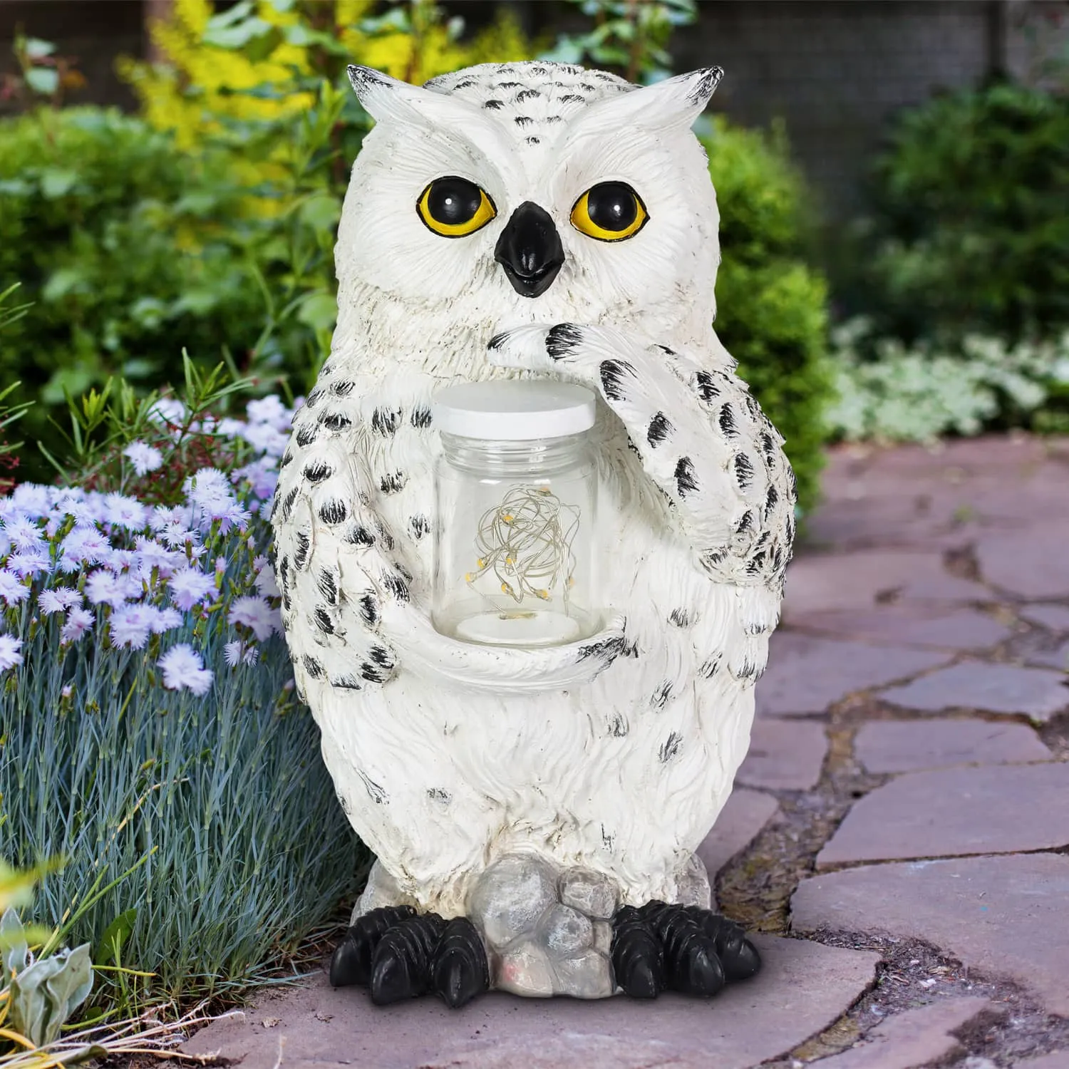 Solar Snow Owl Garden Statuary with LED Firefly Jar, 10 Inches tall