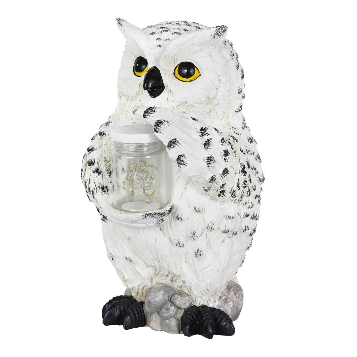 Solar Snow Owl Garden Statuary with LED Firefly Jar, 10 Inches tall