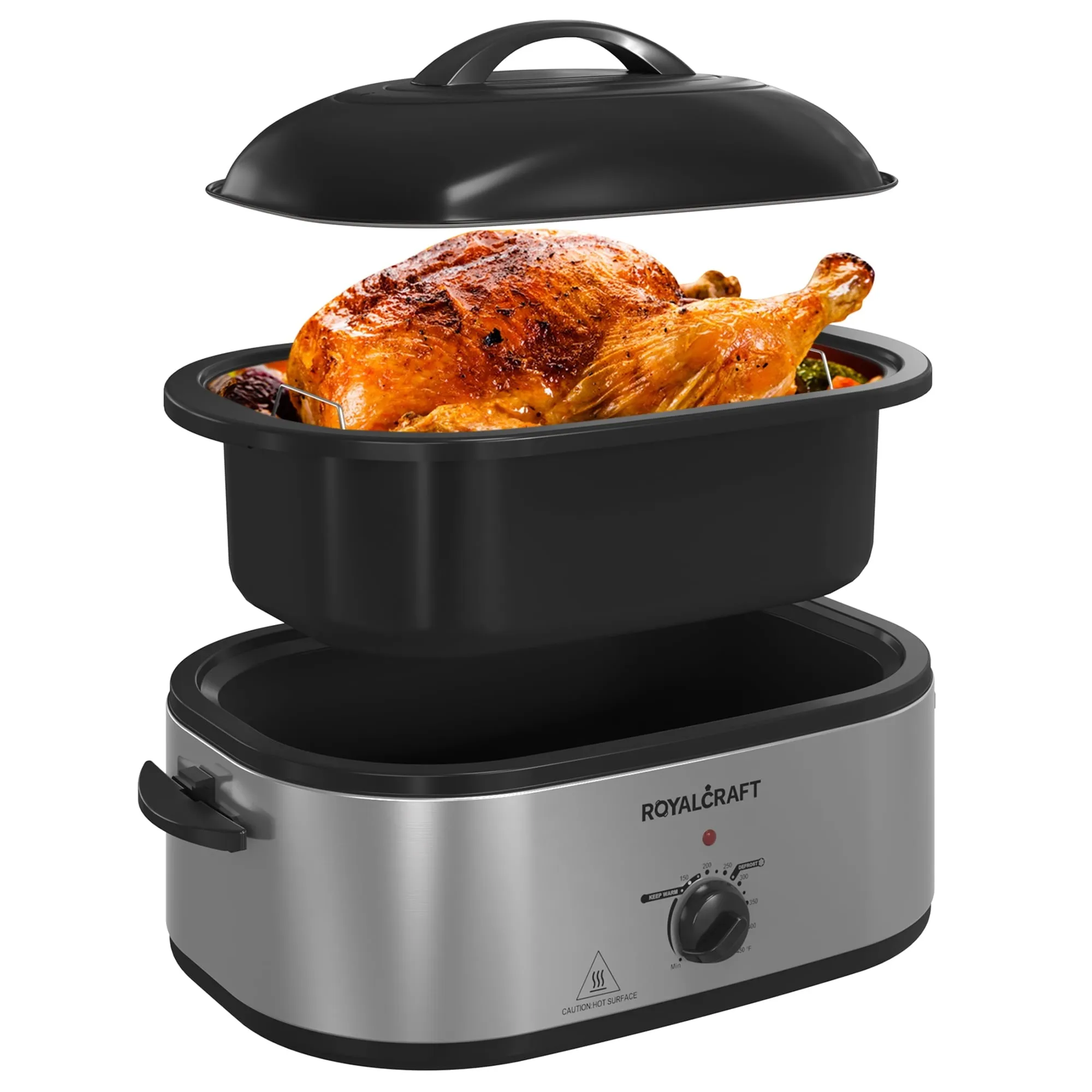 Sunvivi Roaster Oven with Self-Basting Lid, 20qt Electric Roaster with Removable Pan & Rack, Turkey Roaster Oven with Defrost & Warm Function, Stainless Steel, White