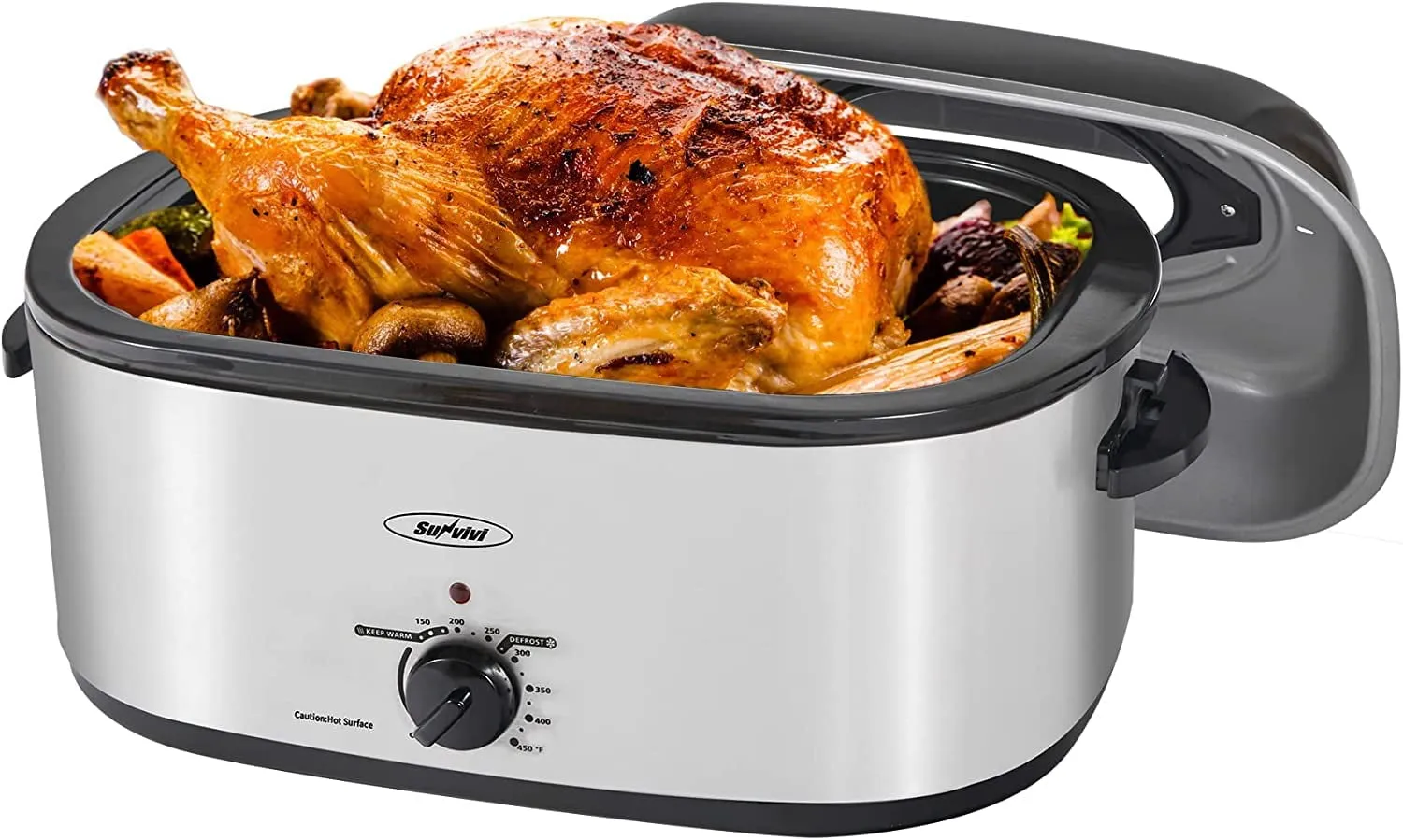 Sunvivi Roaster Oven with Self-Basting Lid, 20qt Electric Roaster with Removable Pan & Rack, Turkey Roaster Oven with Defrost & Warm Function, Stainless Steel, White