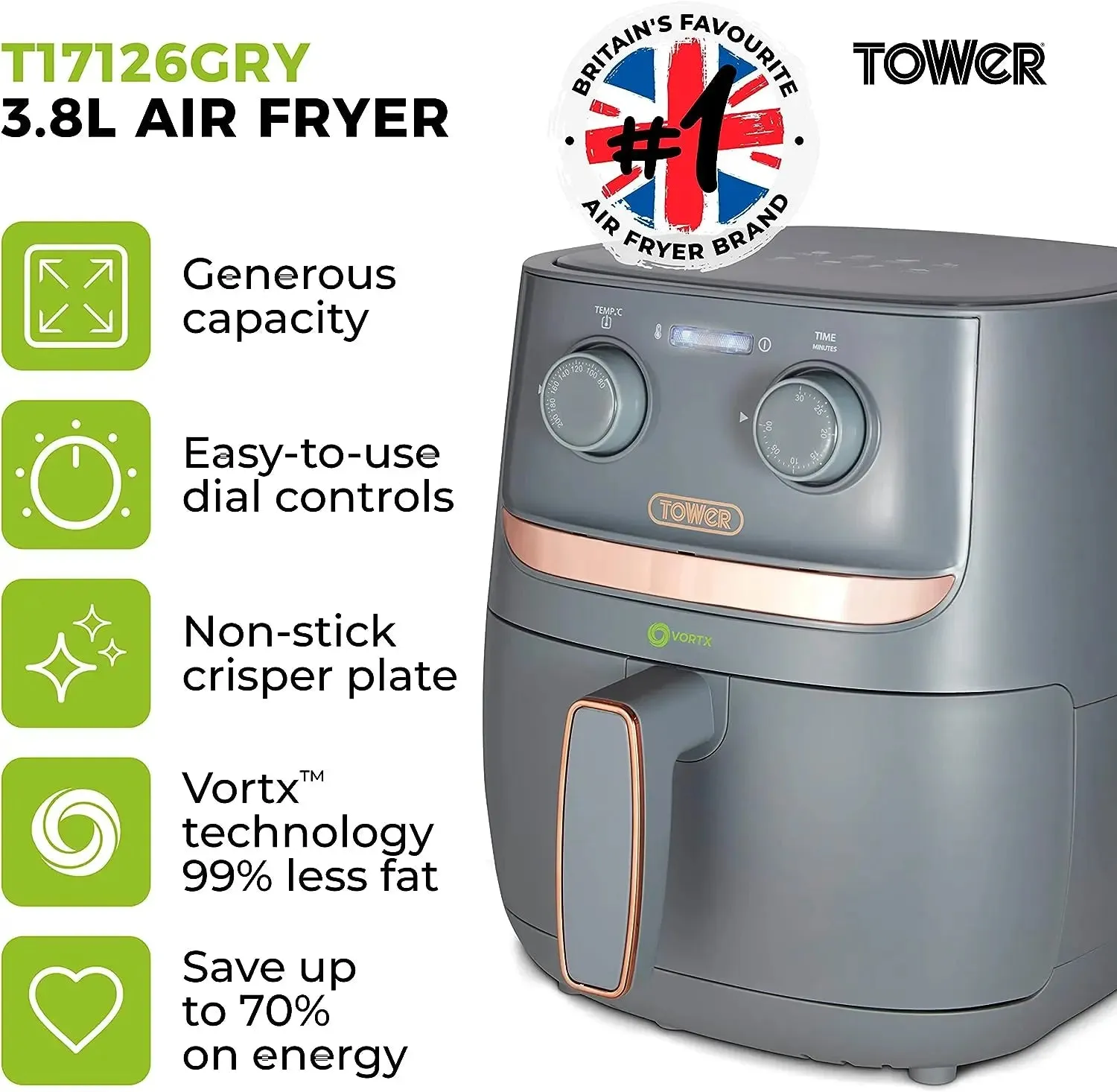 Tower Vortx 3.8L Air Fryer -Grey