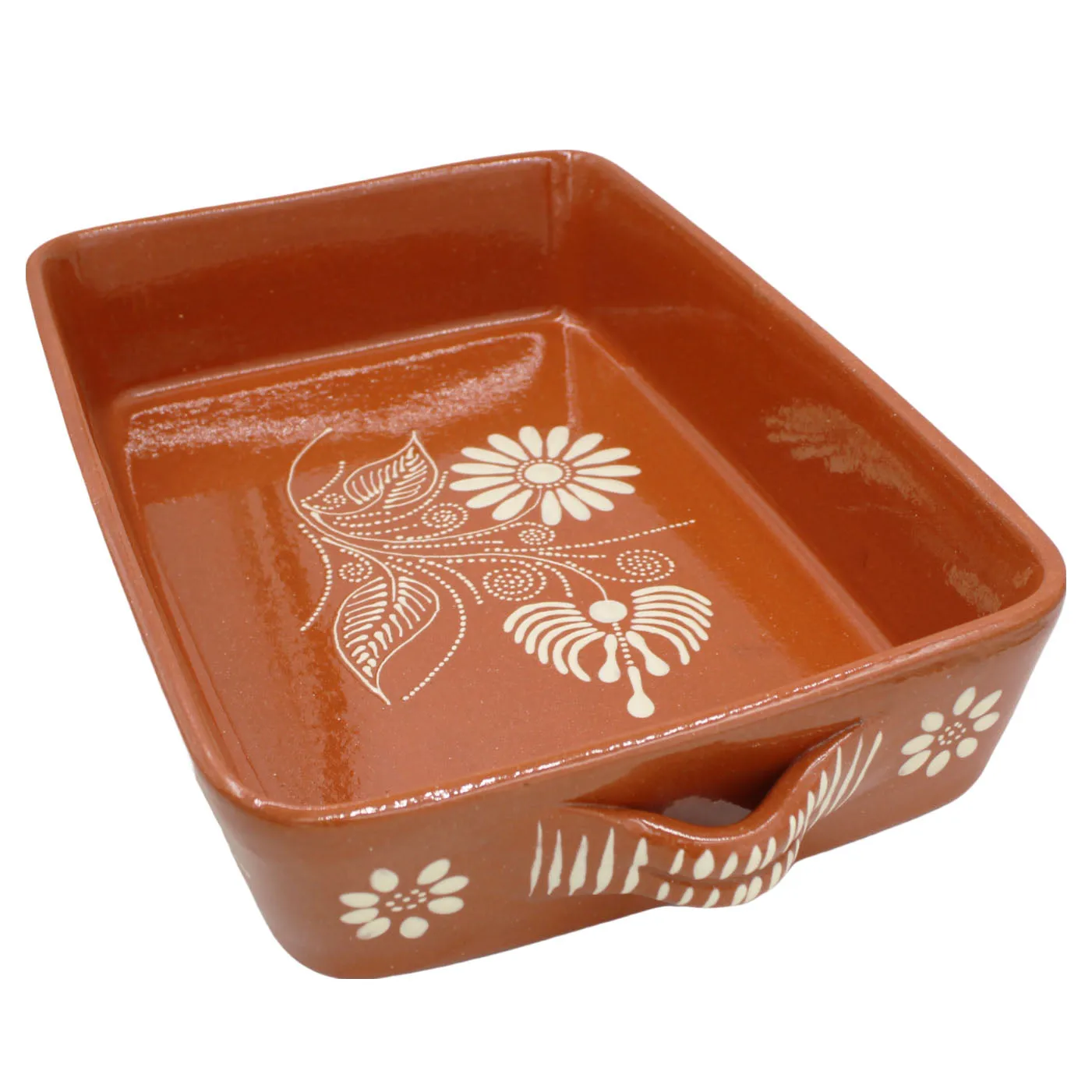 Traditional Portuguese Clay Terracotta Hand-Painted Roaster, Roasting Pan