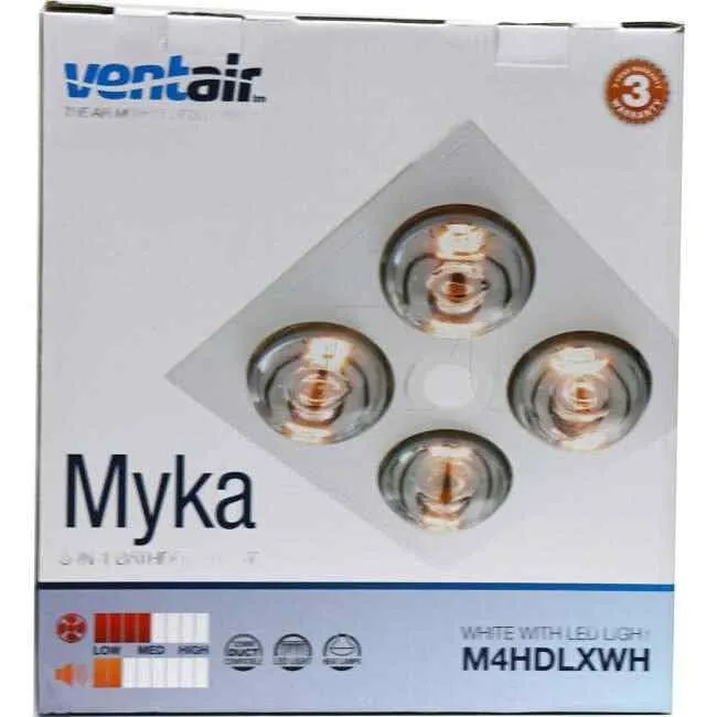 Ventair 3 In 1 MYKA 4 x 275 Watt Bathroom Heater Lamp Light 1 x 10 Watt LED Downlight And Exhaust Fan White