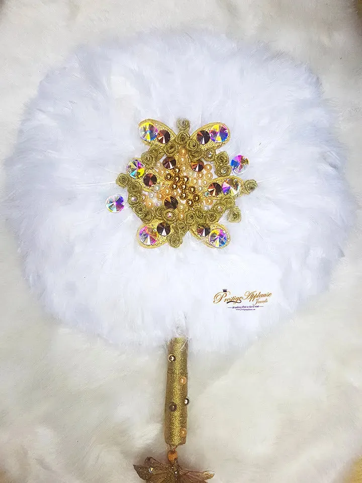 White  Gold Round Feather Handfan for African Bridal  Traditional Nigerian Engagement