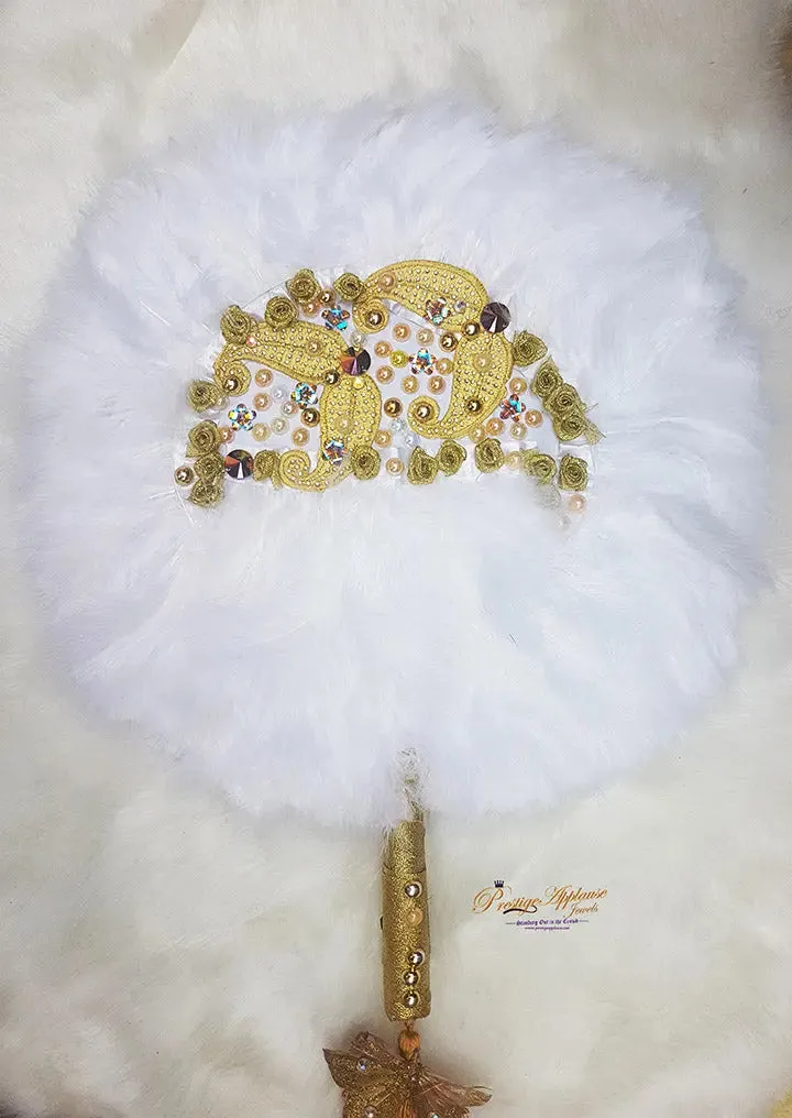 White  Gold Round Feather Handfan for African Bridal  Traditional Nigerian Engagement