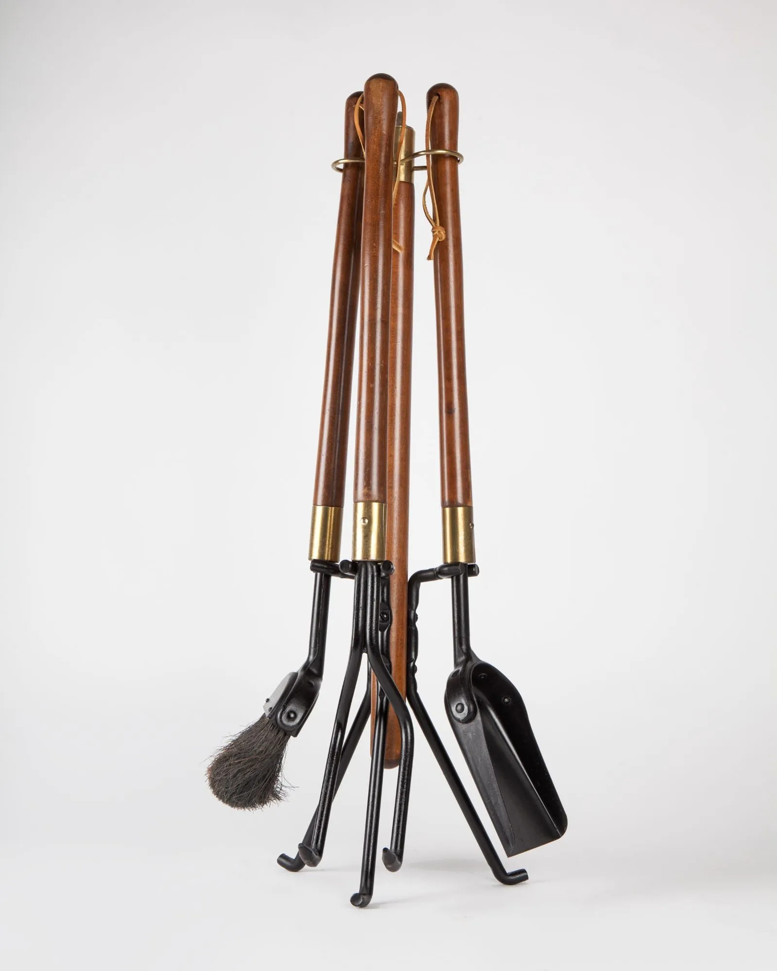 Wrought Iron and Walnut Fireplace Tools Set