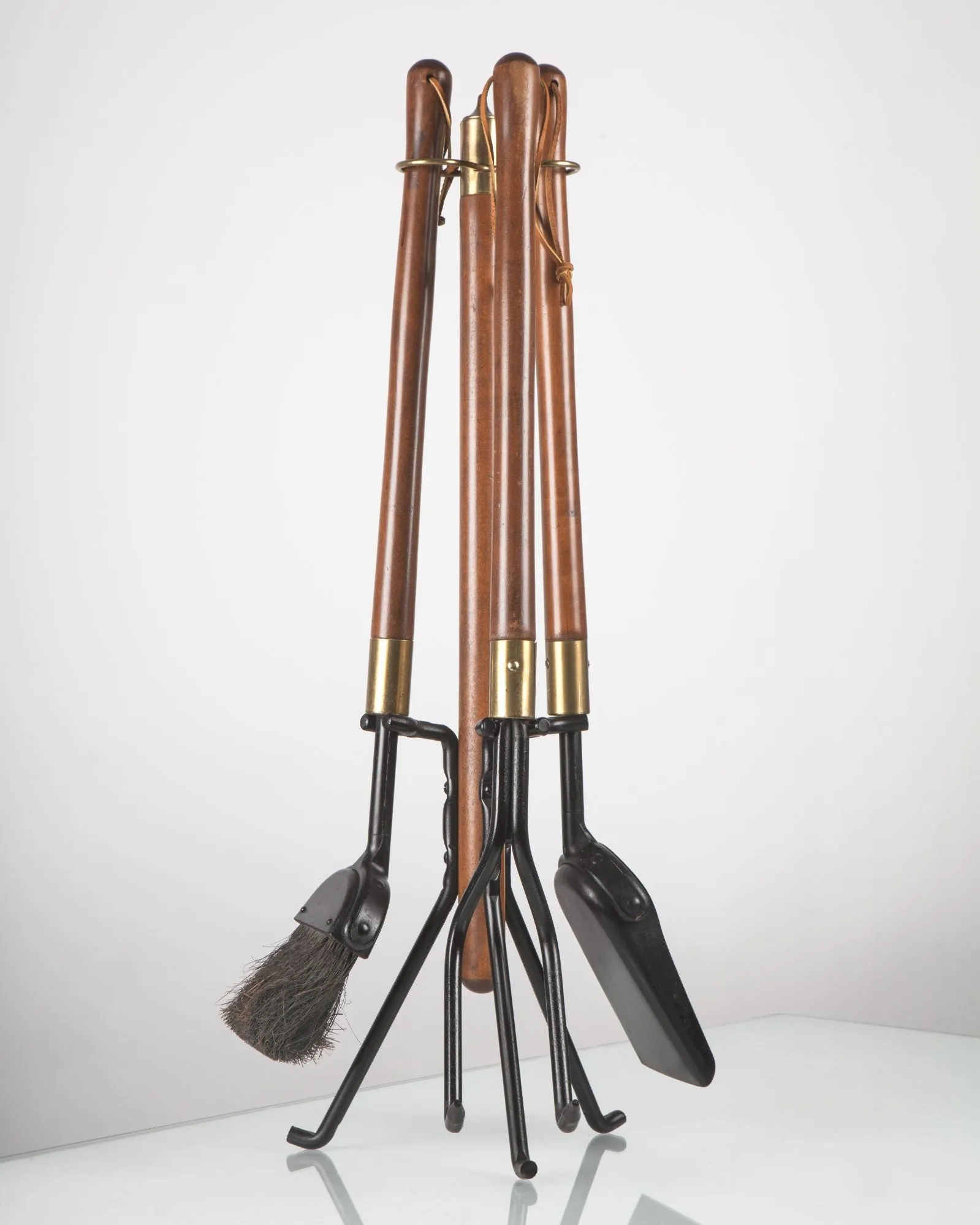 Wrought Iron and Walnut Fireplace Tools Set