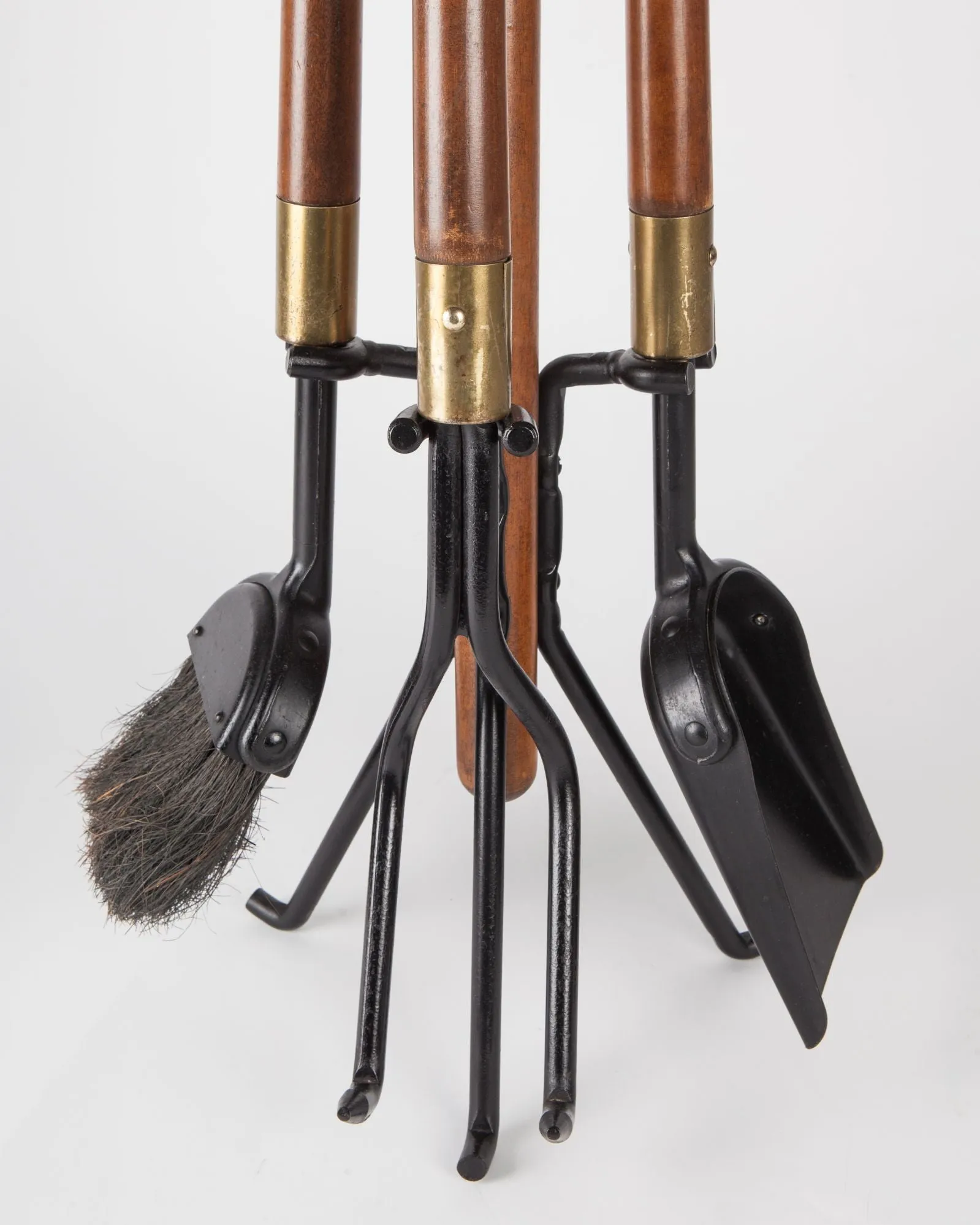 Wrought Iron and Walnut Fireplace Tools Set